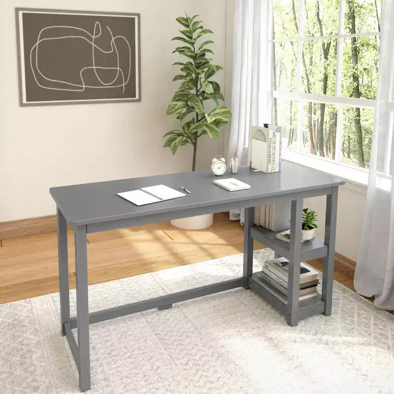 Scrivania in Legno Massello con Scaffali per Computer, Gaming, Studio, Scrivania per Ufficio Domestico, 55