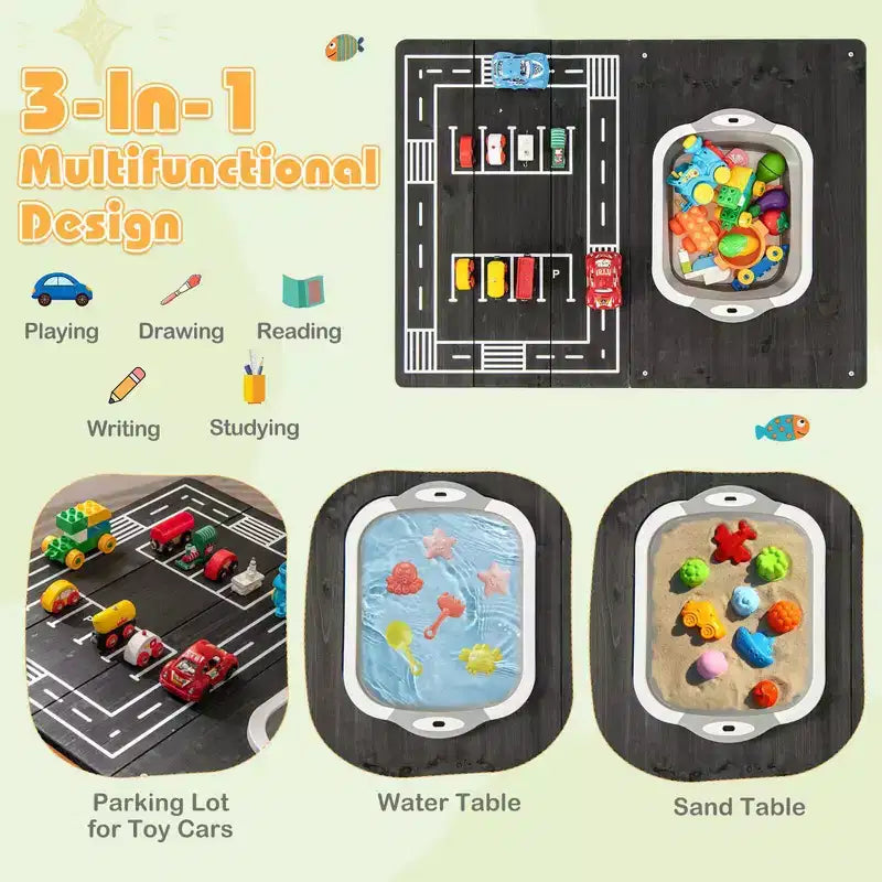 Tavolo attività 2-in-1 per bambini con vaschetta d'acqua pieghevole e borsa portaoggetti di grande capacità