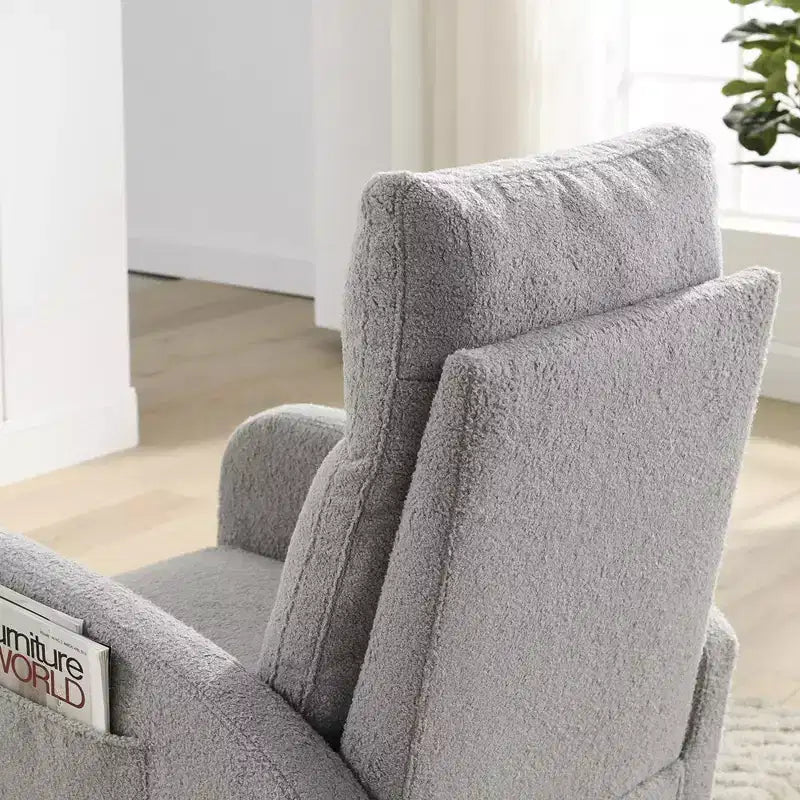 Moderna sedia a dondolo per la cameretta, poltrona a dondolo imbottita con tasca laterale, poltrona con accento in tessuto Teddy, comoda poltrona da lettura per soggiorno e camera da letto