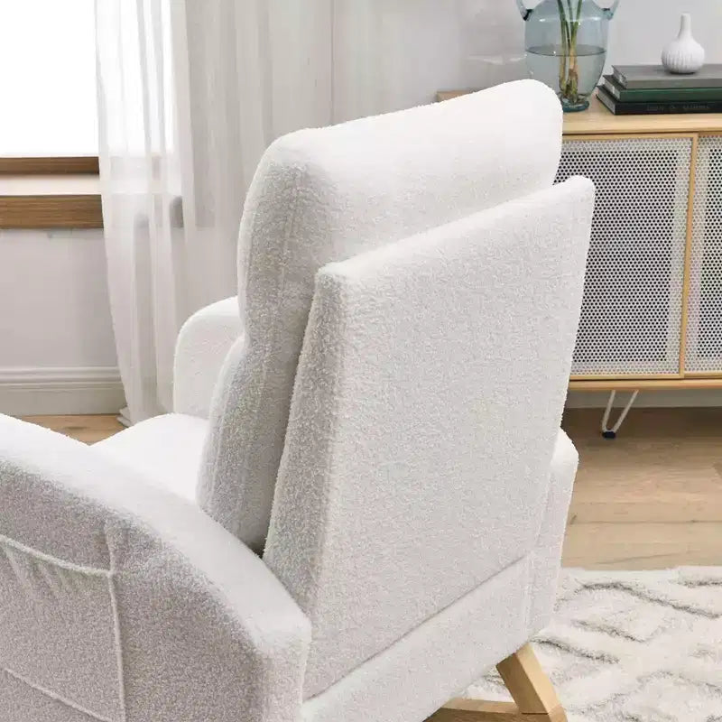 Moderna sedia a dondolo per la cameretta, poltrona a dondolo imbottita con tasca laterale, poltrona con accento in tessuto Teddy, comoda poltrona da lettura per soggiorno e camera da letto