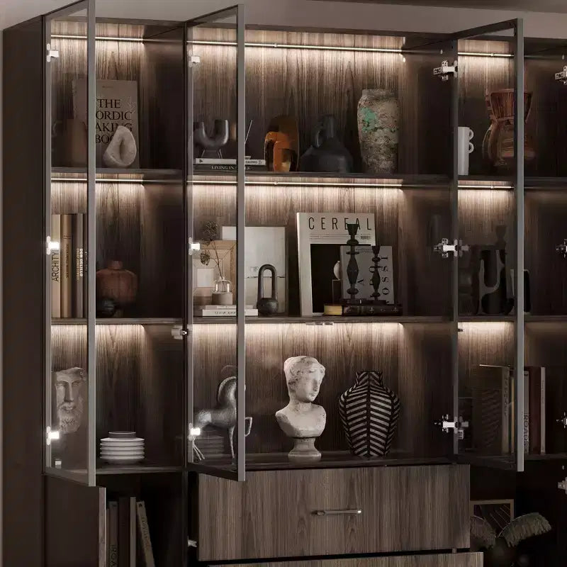 Vetrina in Legno Marrone con Ante in Vetro e Luci a LED