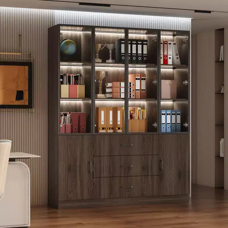 Vetrina in Legno Marrone con Ante in Vetro e Luci a LED