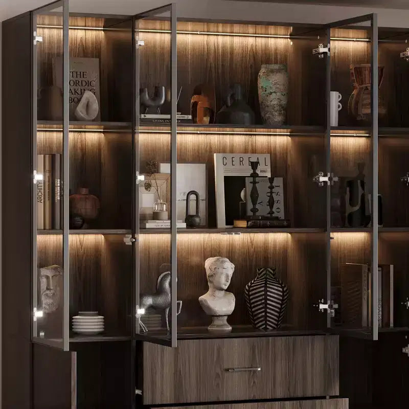 Vetrina in Legno Marrone con Ante in Vetro e Luci a LED